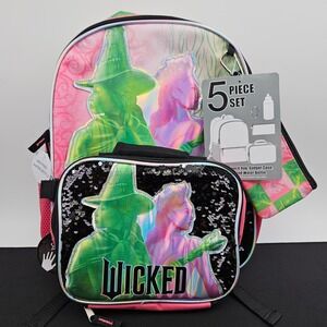 Wicked Movie 5 Piece Backpack Set Pink Green Elphaba Glinda Lunch Bag New